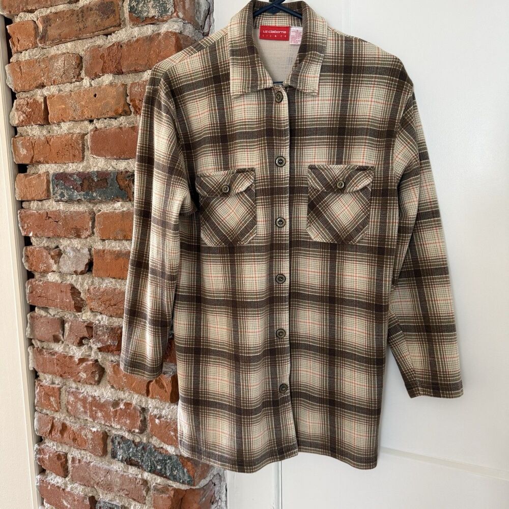 Vtg Liz Claiborne S Beige Brown Plaid Shacket 100% Cotton Soft Distressed Grunge